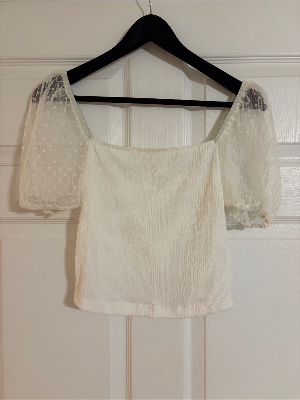 Evolutionary Mesh Puff-Sleeve Crop Top  - White - Size M